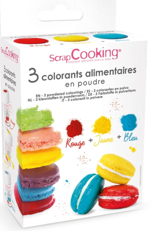 3 colorants en poudre jaune, rouge, bleu